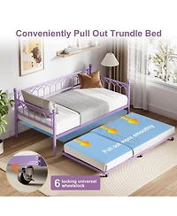 79" x 43" Twin Size Sofa Bed with Led Lights, Small Y Daybed with Lower Bed and Metal Frame, for Living Room Bedroom Dorm, Purple