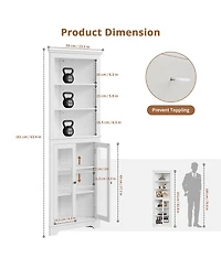 Farmhouse Corner Cabinet, 63 Inches Tall Freestanding Hutch with Glass Beadboard Doors, Adjustable Shelves, Pantry Storage Cabinet for Kitchen