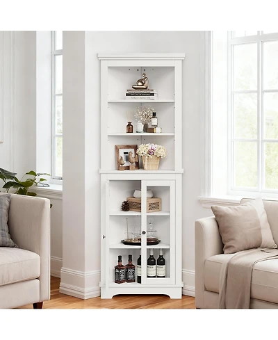 Farmhouse Corner Cabinet, 63 Inches Tall Freestanding Hutch with Glass Beadboard Doors, Adjustable Shelves, Pantry Storage Cabinet for Kitchen