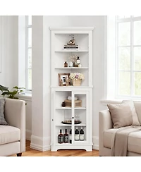 Farmhouse Corner Cabinet, 63 Inches Tall Freestanding Hutch with Glass Beadboard Doors, Adjustable Shelves, Pantry Storage Cabinet for Kitchen