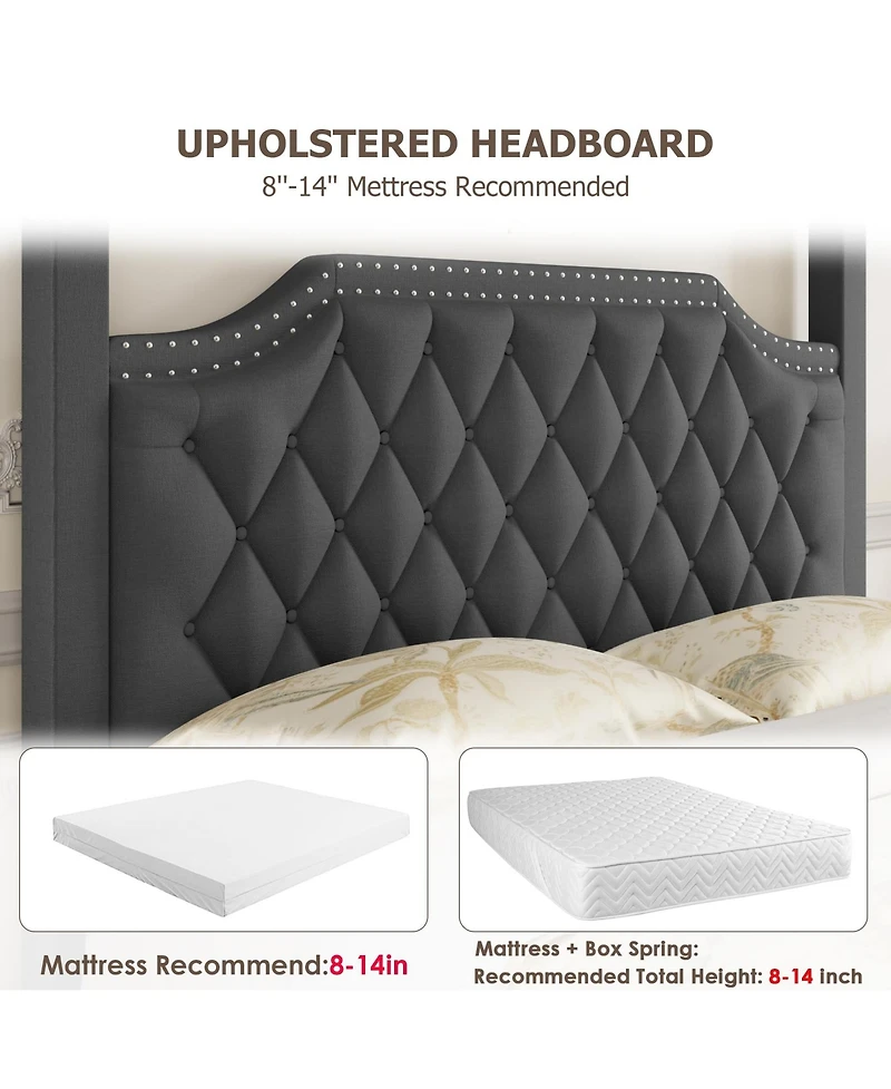King Size Upholstered 4-Poster Canopy Bed Frame, Platform Bed Frame with Button Tufted Nailhead Headboard, No Box Spring Required