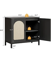 32 x 16 x 28 in Set of 2 Rattan Storage Cabinets with Arch Doors, Engineered Wood Cabinet with Shelves for Living Room Entryway, Black