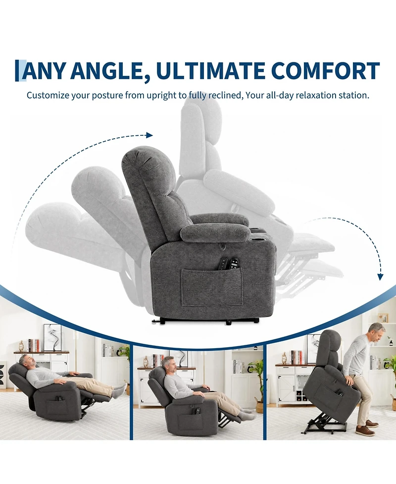 Oversized Chenille Power Lift Recliner with Heat, Massage and Memory Remote, Usb, Cup Holders,Grey