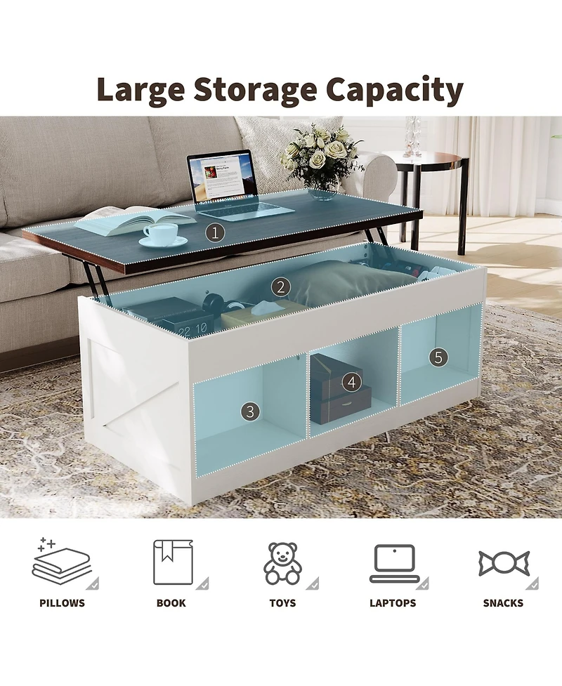 Farmhouse Lift-Top Coffee Table, Adjustable Height Hydraulic Lift, Hidden Storage Compartment, Shelf, Versatile For Home, Office, Living Room