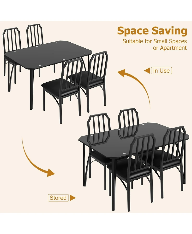 Dining Table Set 5 Piece Black Glass Top with 4 Upholstered Chairs Space Saving Compact Design Chamfered Edges for Kitchen Dining Room Apartment