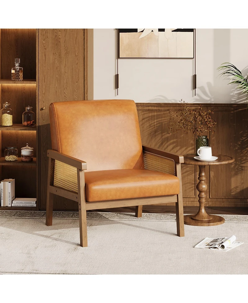 Rattan Accent Chair Contemporary High Back Wooden Frame Armchair Upholstered Boucle Pu Leather Cozy Reading Leisure for Living Room Bedroom