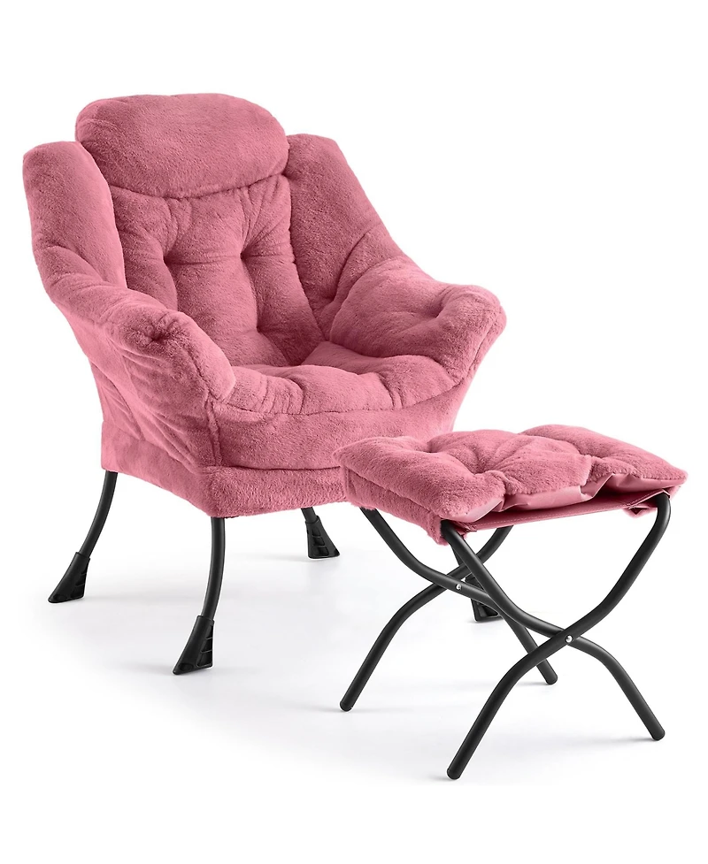 Accent Chair with Ottoman Set of 2 Lazy Chair Faux Fur Reading Chair with Armrest and Side Pocket Metal Legs for Bedroom Living Room Dorm Office