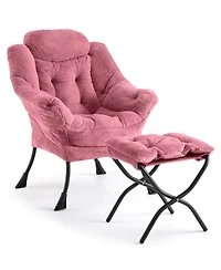 Accent Chair with Ottoman Set of 2 Lazy Chair Faux Fur Reading Chair with Armrest and Side Pocket Metal Legs for Bedroom Living Room Dorm Office