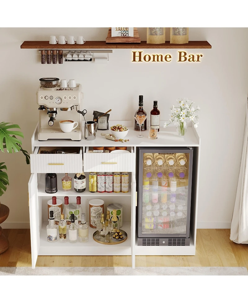 Coffee Bar Cabinet with Fridge Space, Fluted Wine Cabinet with Charging Station, Mini Fridge Cabinet Drawers Adjustable Shelf, Home Bar Dining Room