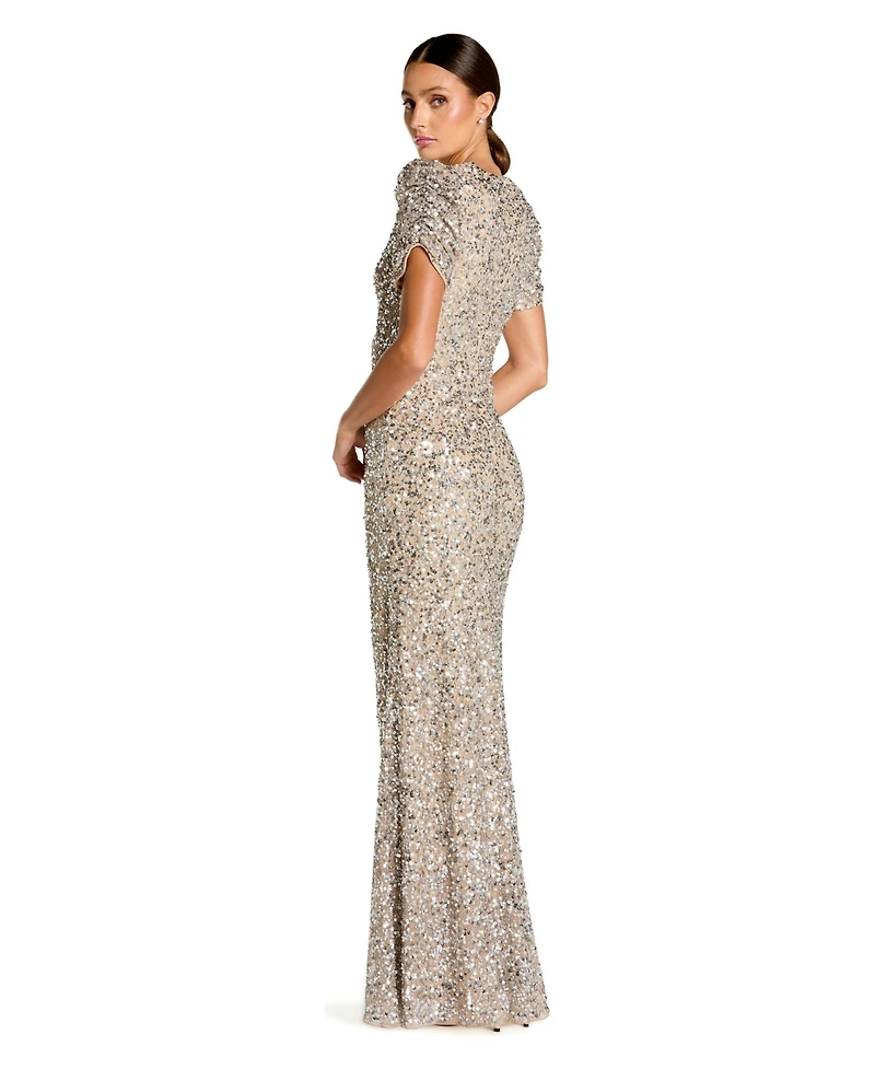 Mac Duggal Women's Embellished Mesh High-Neck Short Sleeve Gown