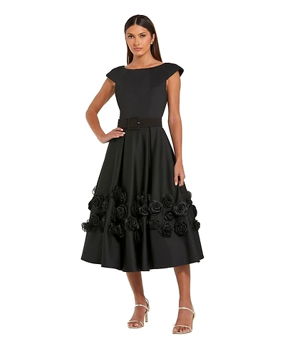 Mac Duggal Women's Belted Floral Rosette A-Line Midi Dress