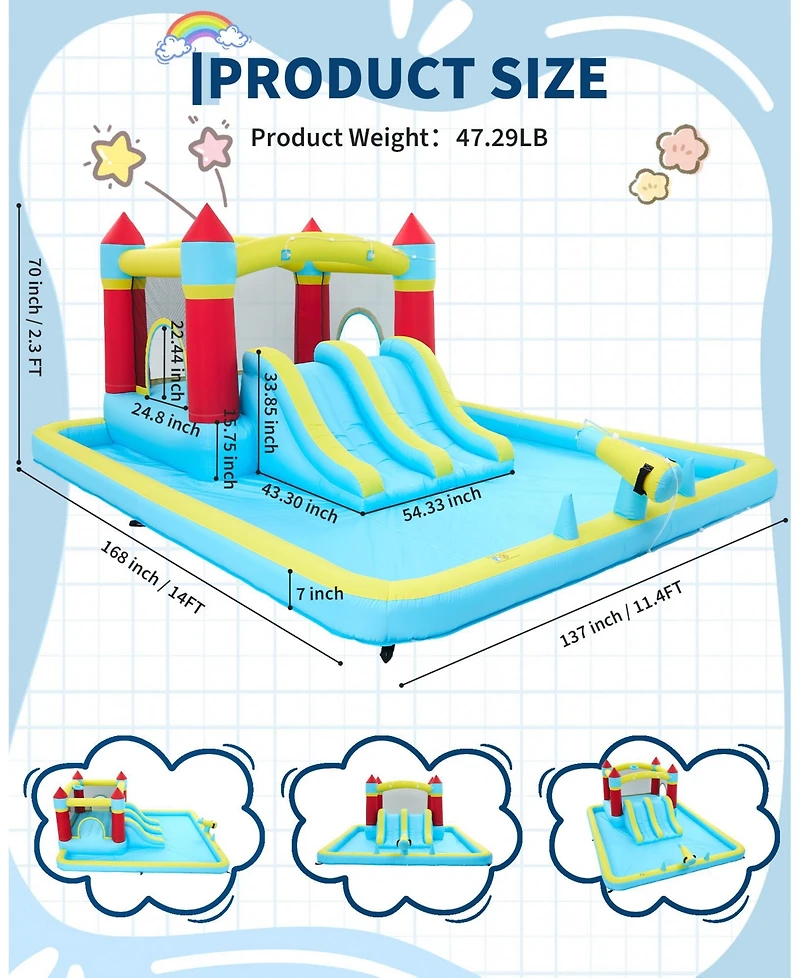 Kids Inflatable Bounce House with Slide, Outdoor Jumping Castle for Backyard Fun, Blower Included, Blue, Ages 3-10
