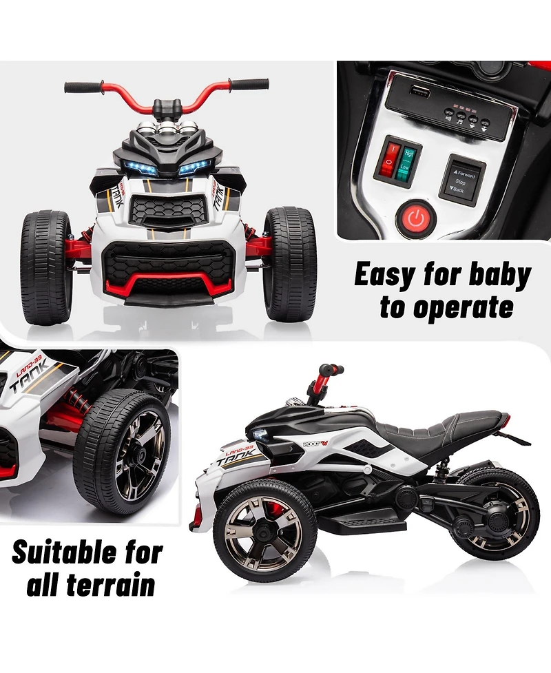 Single Seat 12V Kids Ride On Atv Toy Ages 3-6, Battery Powered 3-Wheel Quad with Leather Seat, Backyard Driving, White