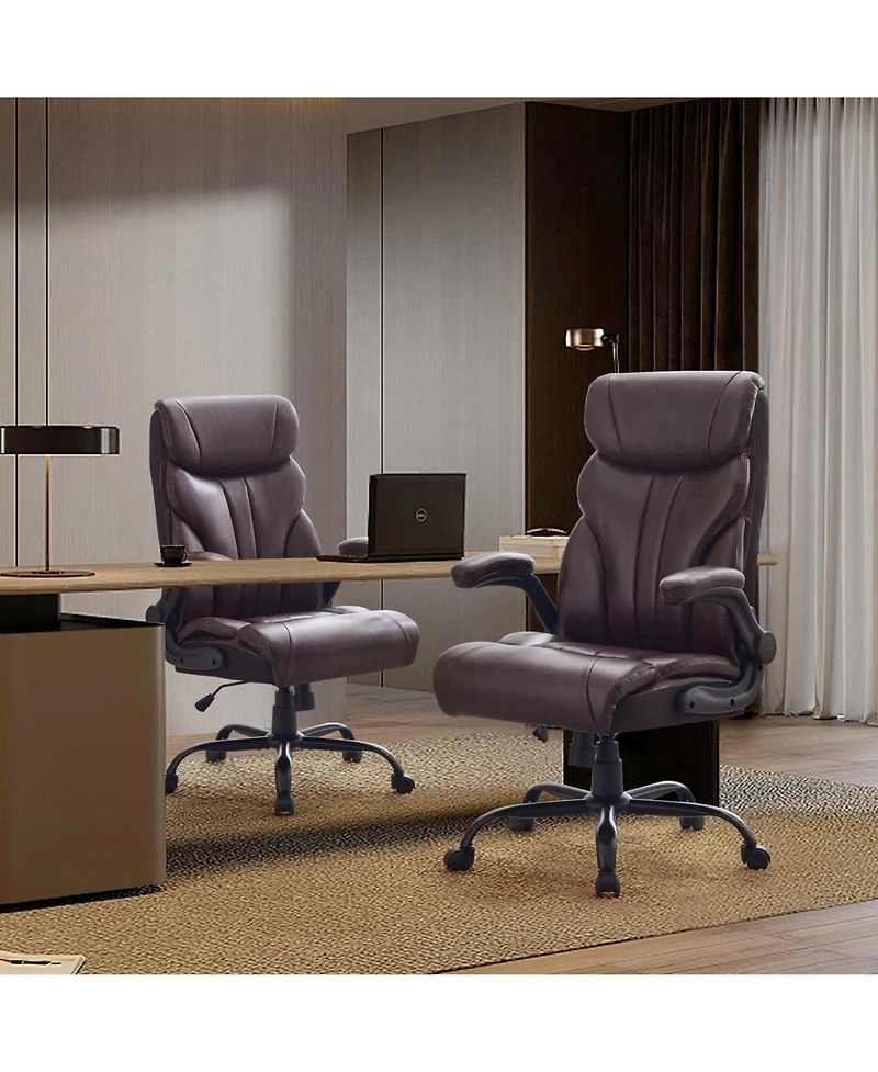 Big and Tall Ergonomic Executive Desk Office Chair, Pu Leather, 90-155 degrees Recline, Lumbar Support, Flip-up Armrests, Swivel Chair with Wheels
