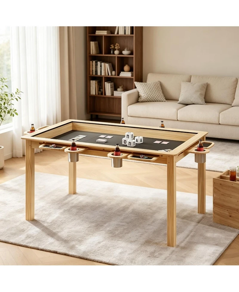 Game Table for 4-6 Players with Removable Table Top, 2-in-1 Dining and Board Game Poker Table with Detachable Cup Holders, Play Mat, Hidden Storage