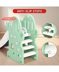 5-in-1 Kids Slide and Swing Set with Sports Games, Outdoor Cactus Playground with Basketball Soccer Golf for Backyard Fun, Green, Ages 3-8