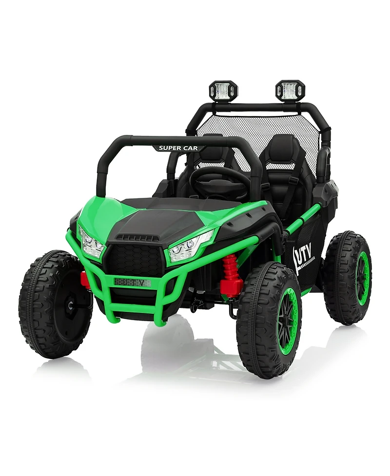 24V Dual Seat Kids Ride On Utv Utility Vehicle, 4WD Battery Powered Off Road Car with Metal Frame for Outdoor Fun, Green, Ages 3-6