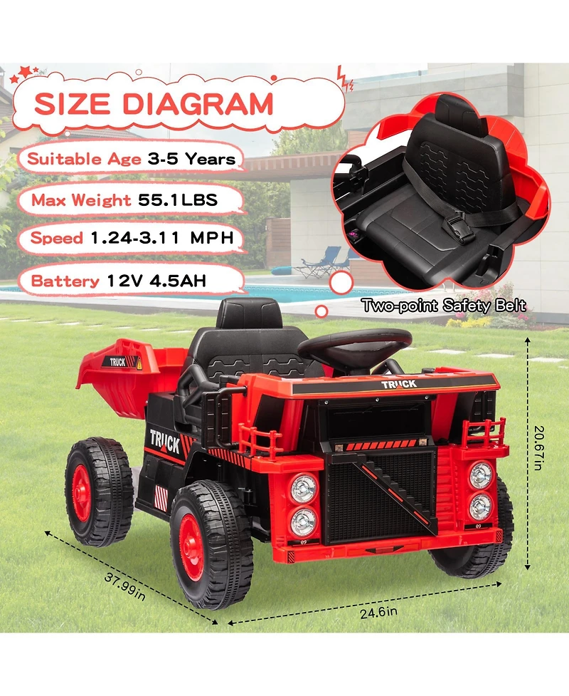 32.3x21.5x13.7 Inch 12V Kids Electric Mining Dump Truck Ride On, Construction Vehicle Toy with Sounds, Outdoor Toy for Boys Girls, Red, Ages 3-6
