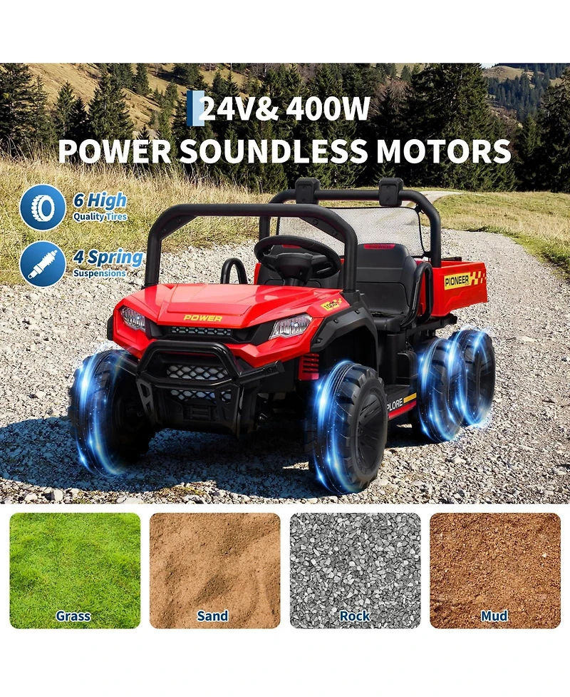 24V 4WD Two-Seater Kids Ride-On Dump Truck, Remote Control, Functional Dump Bed, 3 Speeds, Music Player, All-Terrain Electric Toy