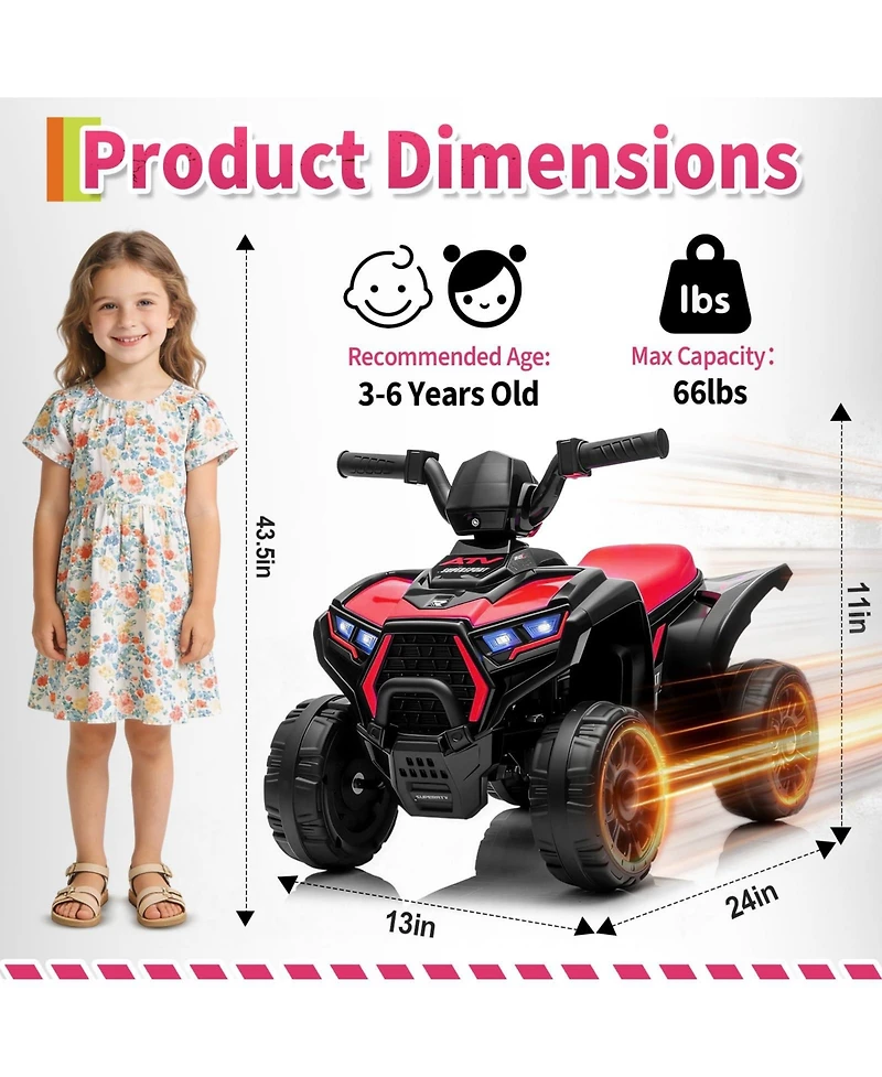 6V Kids Ride On Atv Quad Toy, Battery Powered 4-Wheel Off Road Vehicle for Outdoor Fun, Red/Pink, Ages 3-6