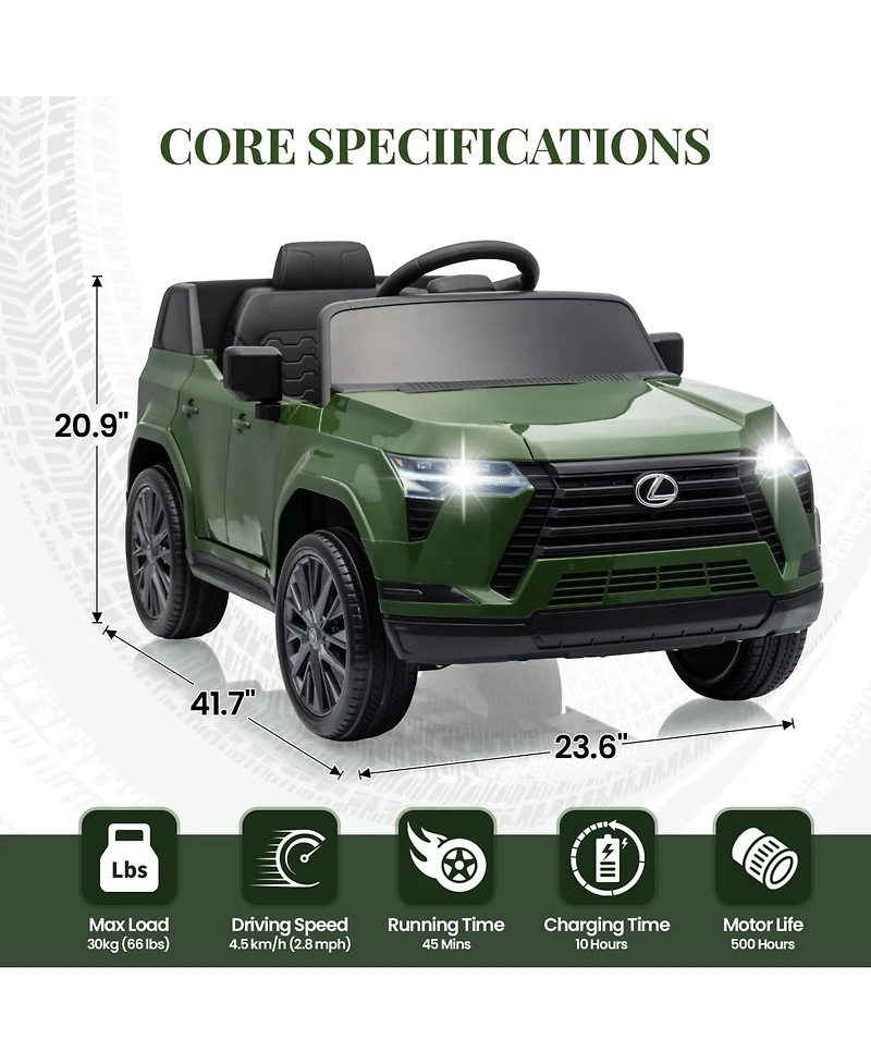 42 Inch Licensed Lexus Ride On Car, 12V Kids Electric Vehicle with Remote Control and Led Lights, Red/Green/Gray/Black/White, Ages 3-6
