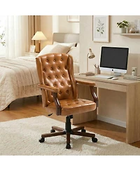 Mid-Century Faux Leather Wingback Office Chair, Tufted and Adjustable Height, Brown