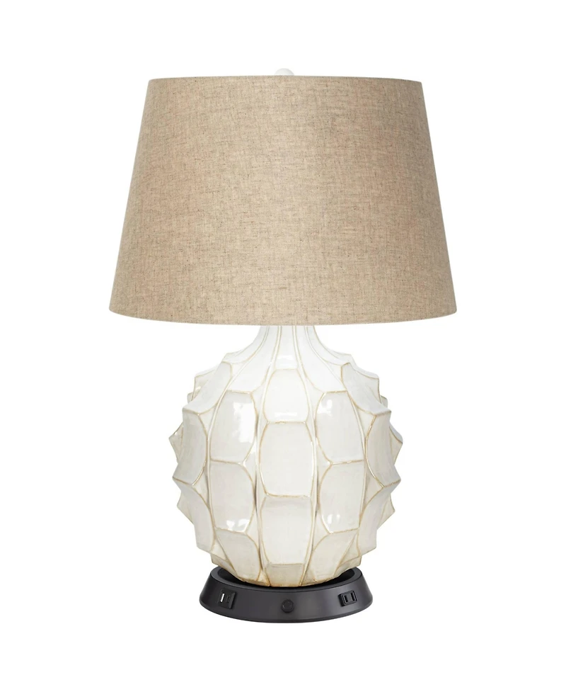 Possini Euro Design Cosgrove Modern Mid Century Table Lamp 26 1/2" High White Glazed Ceramic with Usb Charging Port Brown Linen Drum Shade for Desk