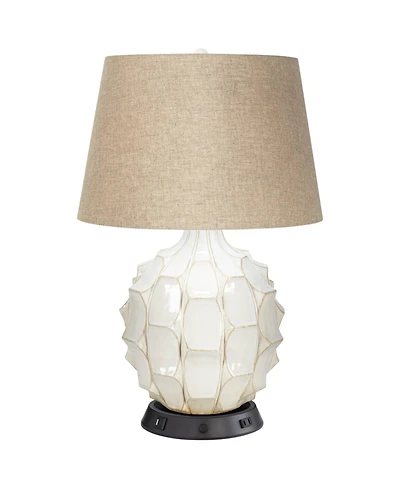Possini Euro Design Cosgrove Modern Mid Century Table Lamp 26 1/2" High White Glazed Ceramic with Usb Charging Port Brown Linen Drum Shade for Desk