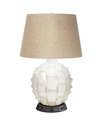 Possini Euro Design Cosgrove Modern Mid Century Table Lamp 26 1/2" High White Glazed Ceramic with Usb Charging Port Brown Linen Drum Shade for Desk