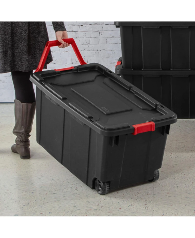 Sterilite Heavy Duty 40 Gallon Wheeled Industrial Storage Tote, Black (8 Pack)