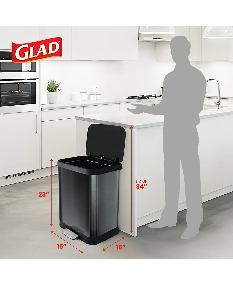 Glad Step Trash Can, Soft Close Lid Bin with Odor Protection, 13 Gallon, Pewter