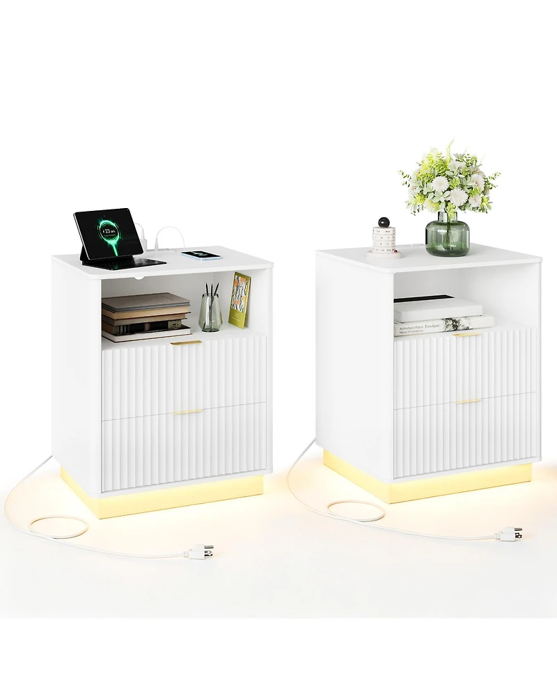 Set of 2 Mid-Century Fluted Nightstands with Charging and Led, 2 Drawers