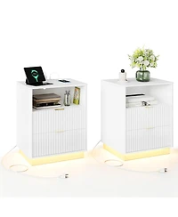 Set of 2 Mid-Century Fluted Nightstands with Charging and Led, 2 Drawers