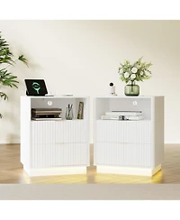 Set of 2 Mid-Century Fluted Nightstands with Charging and Led, 2 Drawers