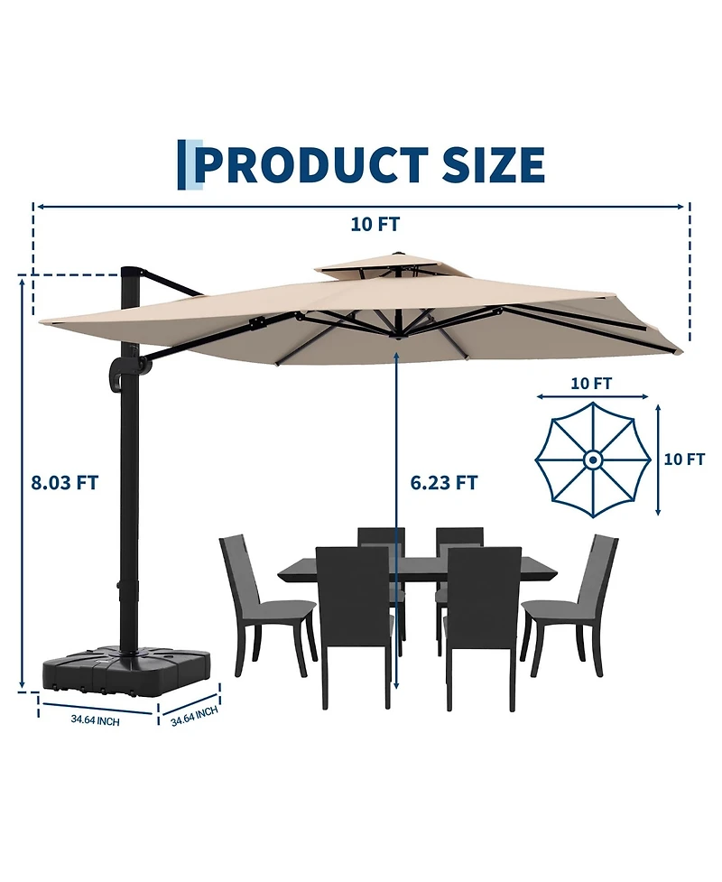 10 x 10 Ft Cantilever Patio Umbrella, Square Double Vented Offset Shade Umbrella with Fillable Base, 360 Degree Rotation for Backyard, Poolside