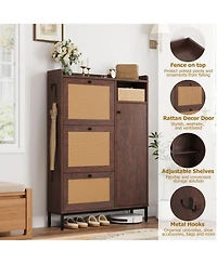 35x9x52in 3-Drawer Shoe Cabinet with Doors, Engineered Wood and Pe Rattan Entryway Storage Organizer, for Hallway Living Room, Light/Dark Brown