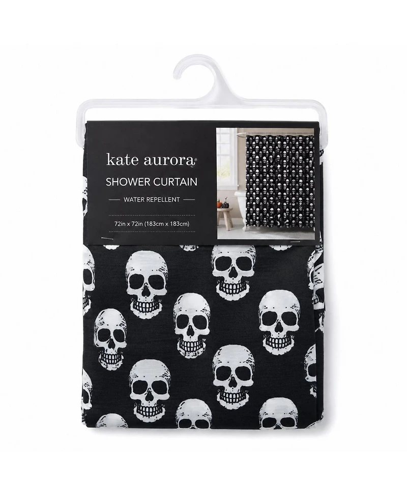 Kate Aurora Halloween Accents Black and White Spooky Skulls Fabric Shower Curtain