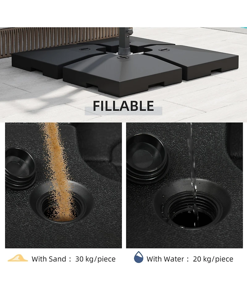 Outsunny 4 Pieces Cantilever Patio Umbrella Base, Outdoor Offset Umbrella Weights, 176 lbs Capacity Water or 264 lbs Capacity Sand Plates Set, Black