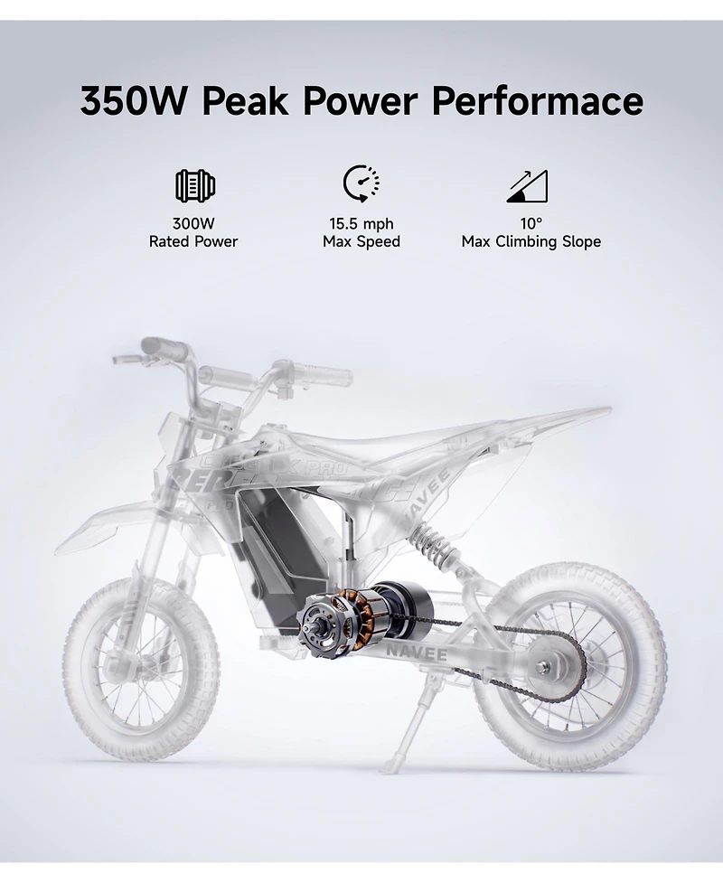 Navee Electric Dirt Bike for Ages 4-7, 6.25 Miles Max Range, 9.4 Mph Speed, 150W Mid-Drive Motor