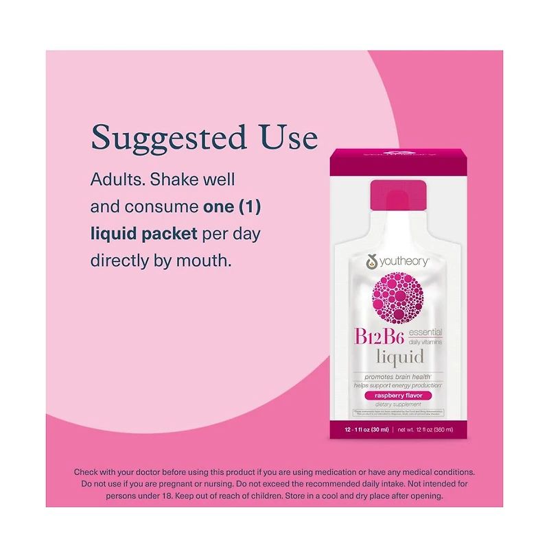 Youtheory B12 B6 Liquid On The Go Raspberry 12 Packets