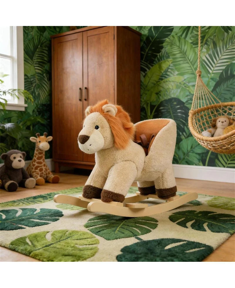 Yobtop Lion Wooden Plush Rocking Horse with Roaring Sound, Ages 3-4