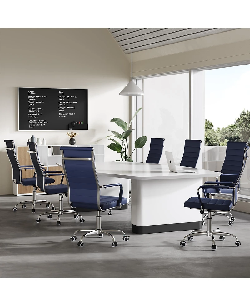 homfan Ergonomic Office Desk Chair, 1 Piece Set Executive Ribbed Mid-Back Pu Leather Conference Room Chair Adjustable Swivel with Arms