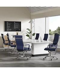 homfan Ergonomic Office Desk Chair, 1 Piece Set Executive Ribbed Mid-Back Pu Leather Conference Room Chair Adjustable Swivel with Arms