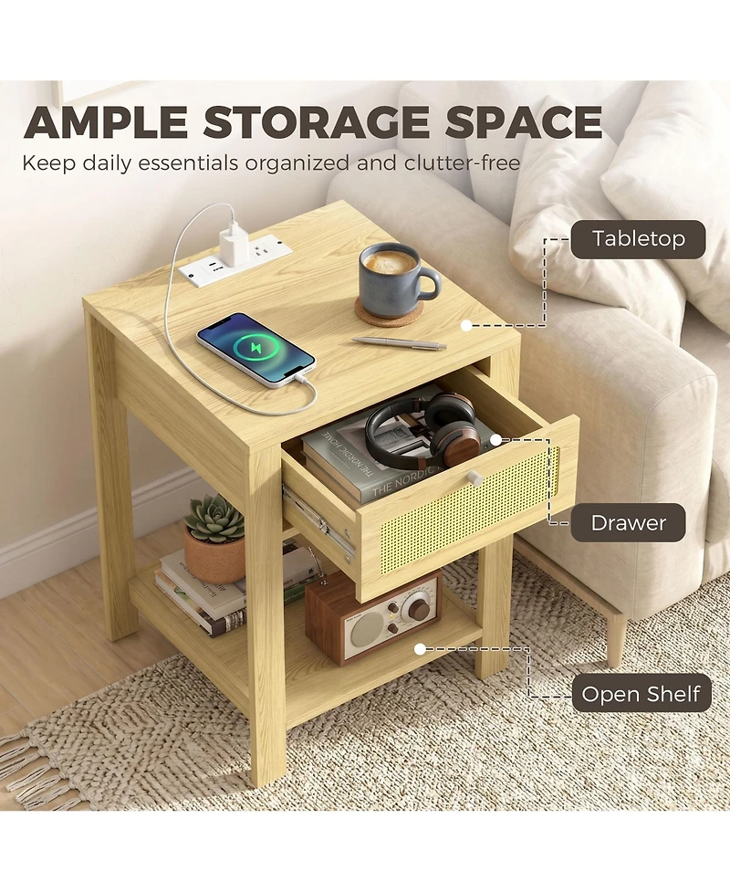 Homcom End Table Set of 2 with Charging Station, Bed Side Tables, Natural