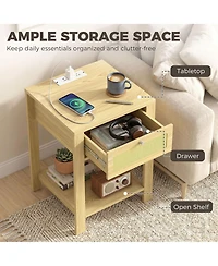 Homcom End Table Set of 2 with Charging Station, Bed Side Tables, Natural