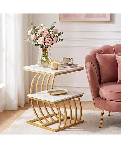 Tribesigns 2-Tier Modern Glam Gold End Table,Faux Marble Side Table