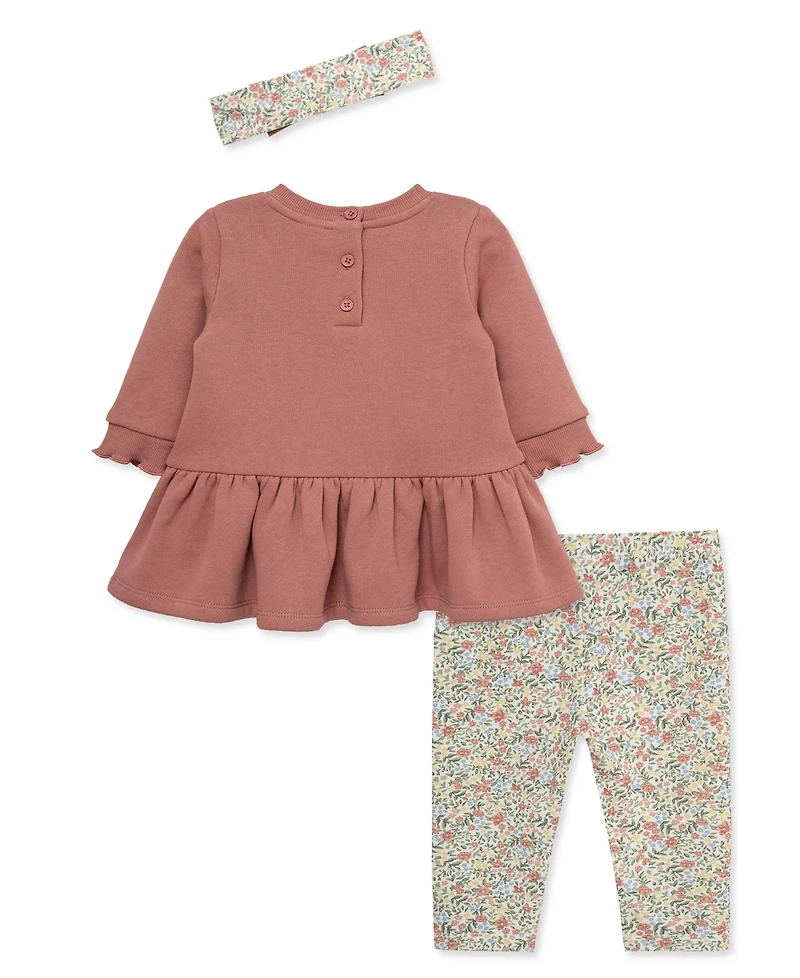 Little Me Baby Girls' Embroidered Bow Sweatshirt Dress, Floral Print Pants and Headband, 3-Piece Set