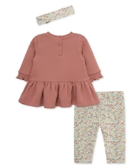 Little Me Baby Girls' Embroidered Bow Sweatshirt Dress, Floral Print Pants and Headband, 3-Piece Set