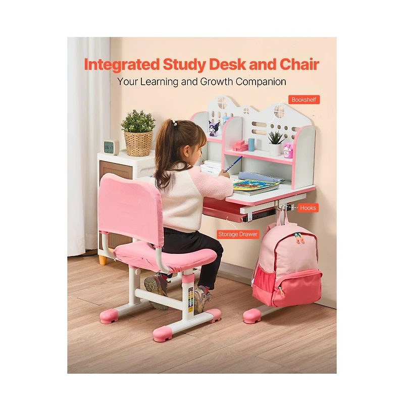Slickblue Children's Study Table and Chair Set with Bookshelf, Adjustable Height Desk and Storage Drawer