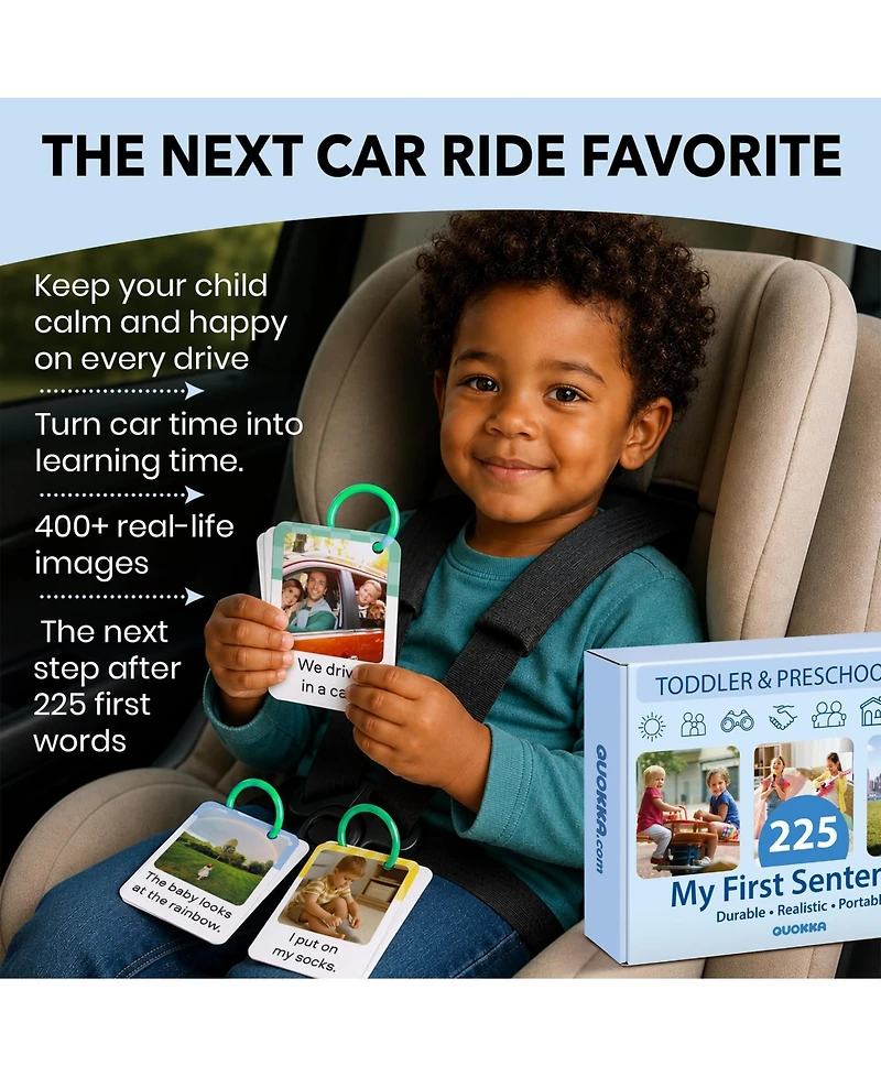 Quokka 225 Toddler First Sentence Flash Cards with Rings - Realistic Learning Cards for Ages 1 - 3 - Family, Daily Routine and Everyday Phrases